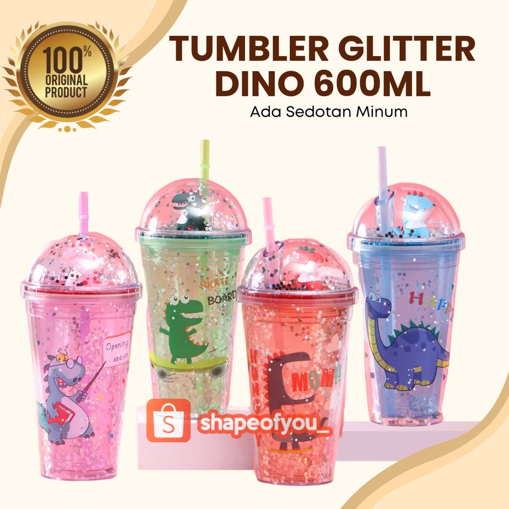 Botol minum Sedotan Tumbler Animal Dino Glitter 600ml Anti Tumpah Bpa Free