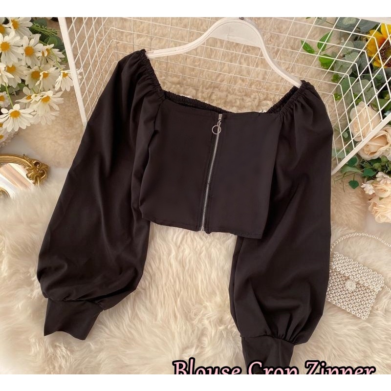 Outer Zipper Crop Top Balon Atasan Casual Wanita Korea