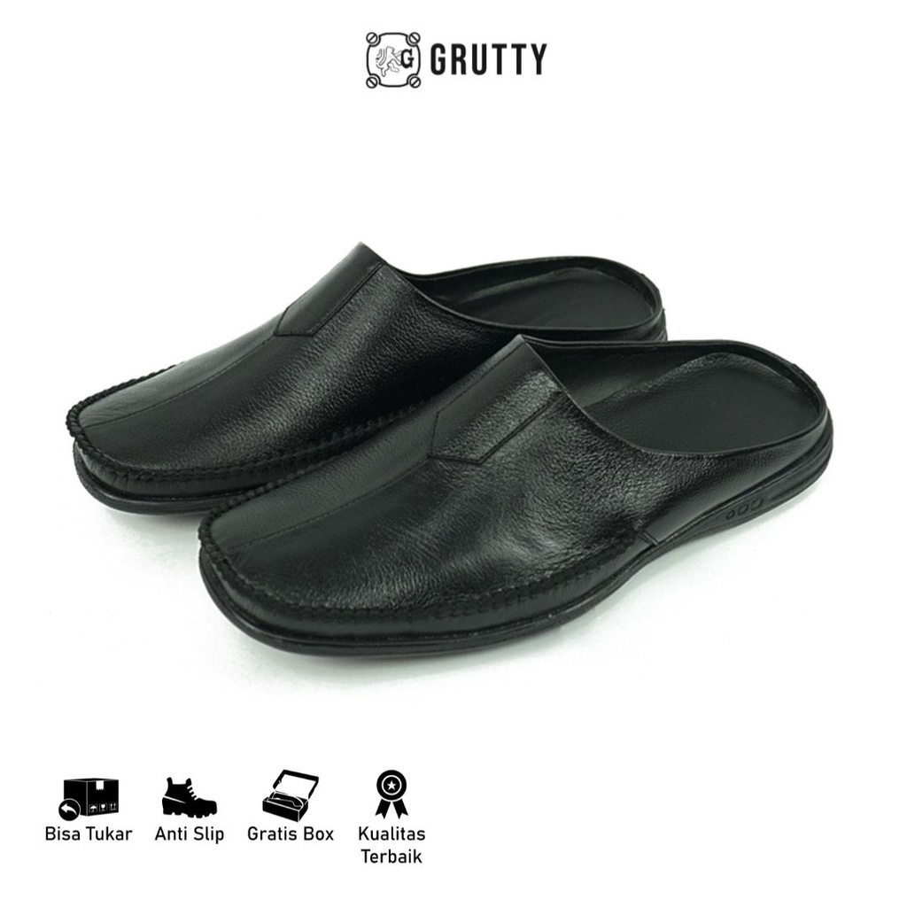 Sepatu Sandal Pria Grutty DC021 Hitam Bustong Pria Sepatu slip on selop Kulit Asli