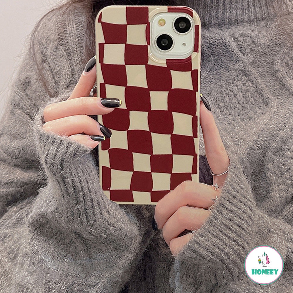 IPHONE Fashion Anggur Merah Kisi Grid Glossy Casing Ponsel Untuk Iphone14 13 12 11 Pro Max Halus Tipis Lembut TPU Belakang Ponsel Cover