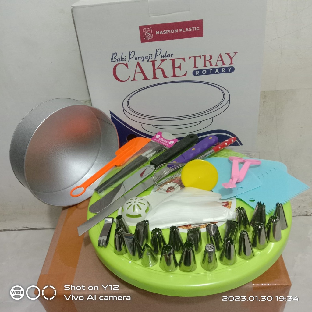 New Paket dekorasi kue / Meja putar set / Set Dekor Cake Tray  / Set Dekorasi Kue Ulangtahun Pernikahan Spatula Dan bonus Loyang Bulat, Kotak. Love Termurah