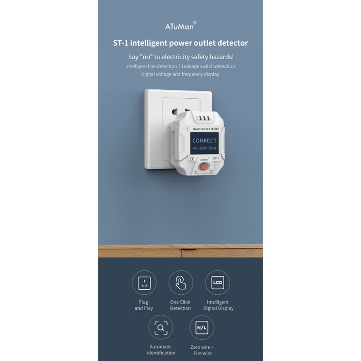 ATUMAN ST-1 - Smart Socket Power Outlet Detector - UK Plug