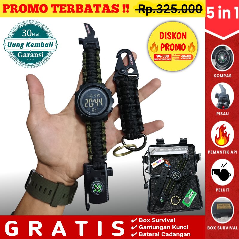 Jam Tangan Outdoor Pria Digital Paracord Pisau Kompas Peluit Pemantik Api Strap ARCORD Original Jam 