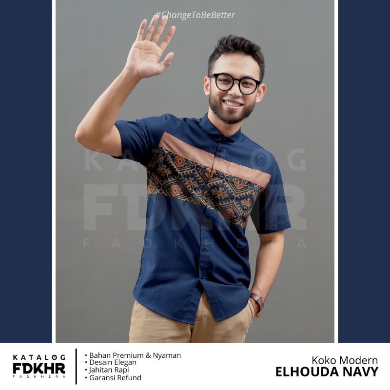 ELHOUDA NAVY Koko Modern Batik Fadkhera / kemeja batik / kemeja navy