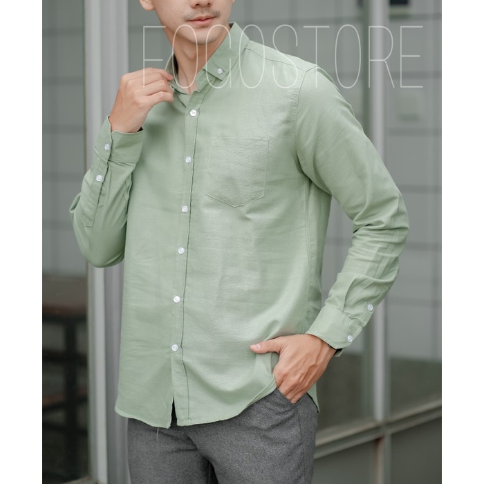 mrngr- Kemeja polos pria slimfit lengan panjang hijau mint - Hijau mint, M