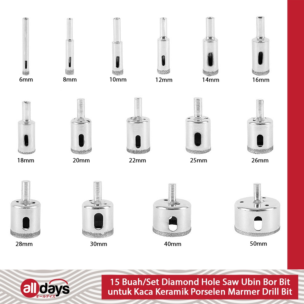 Alldays 15pcs/Set Gergaji Lubang dapat disesuaikan / Diamond Hole Drill Bit Set Glass, Ceramic, Tile, Saw, Cutting