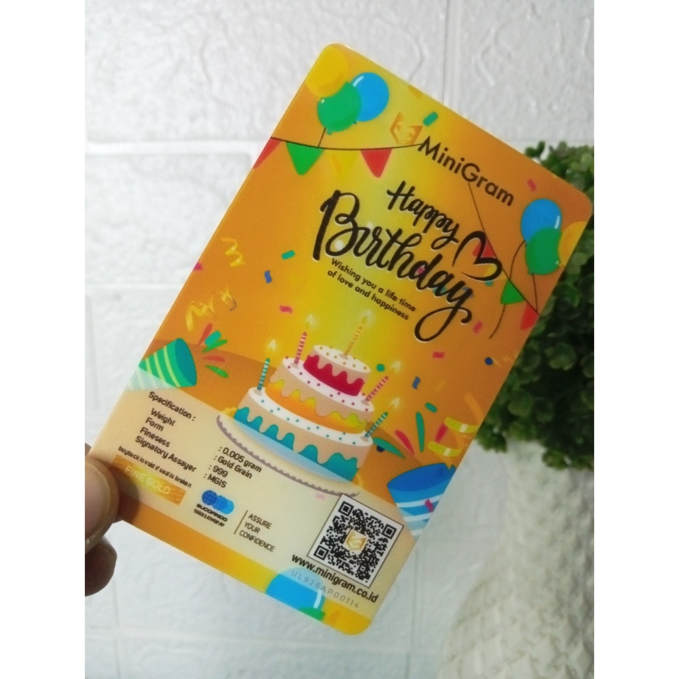 MINIGRAM Gift Series 0.005 Gram Happy Birthday Gold Edition Kemasan PVC TERMURAH TERLARIS Emas Mini Emas Batangan Logam Mulia Murni 24 Karat Bersertifikat Resmi Asli Original Tabungan Emas Souvenir Keren Mewah