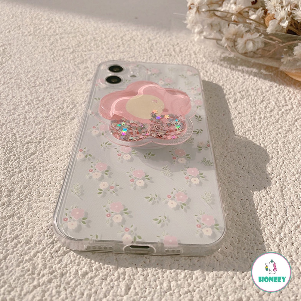 Spring Flower Sequin Quicksand Stand Holder Phone Case Kompatibel Untuk IPhone 14 13 12 11 Pro Max Clear Stand Mount Shockproof Soft TPU Back Phone Cover