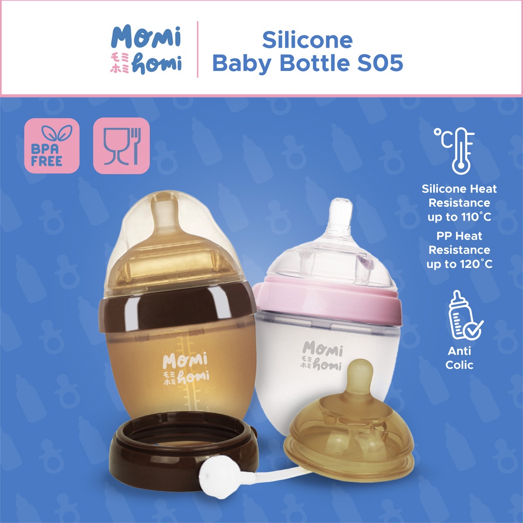 Momi Homi Botol Dot S05 Silikon 150ml / 180ml / 250ml Botol Susu Bayi Wide Neck Silicone Food Grade Tahan Panas Wideneck