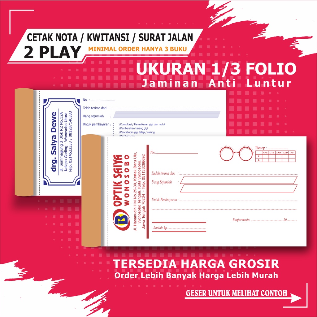 CETAK NOTA CUSTOM 2 PLY 1/3 FOLIO / KWITANSI 2 PLAY / SURAT JALAN CUSTOM 2 PLAY ( BEBAS DESAIN )