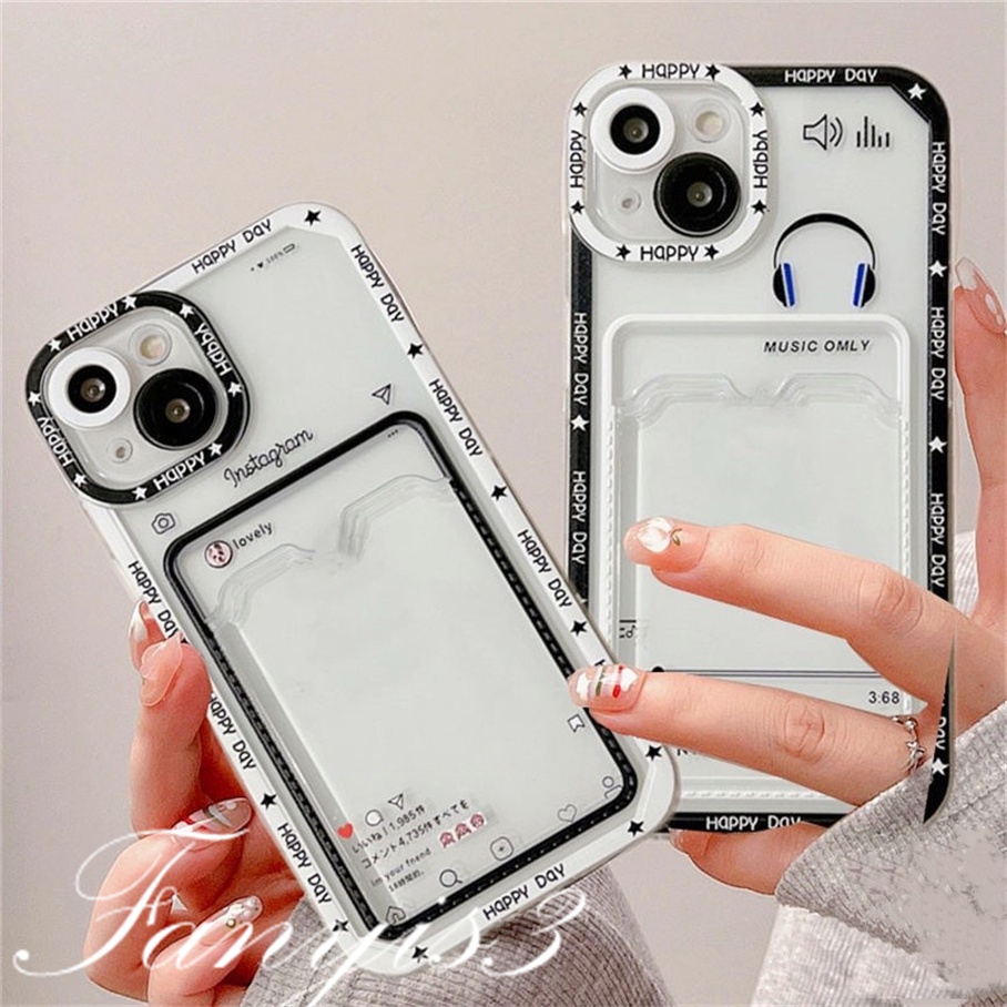 Compatible For IPhone 14 13 12 11 Pro Max X XR Xs Max 8 7 Plus SE 2020 Soft Case TPU Transparan Holder Kartu Musik Cover