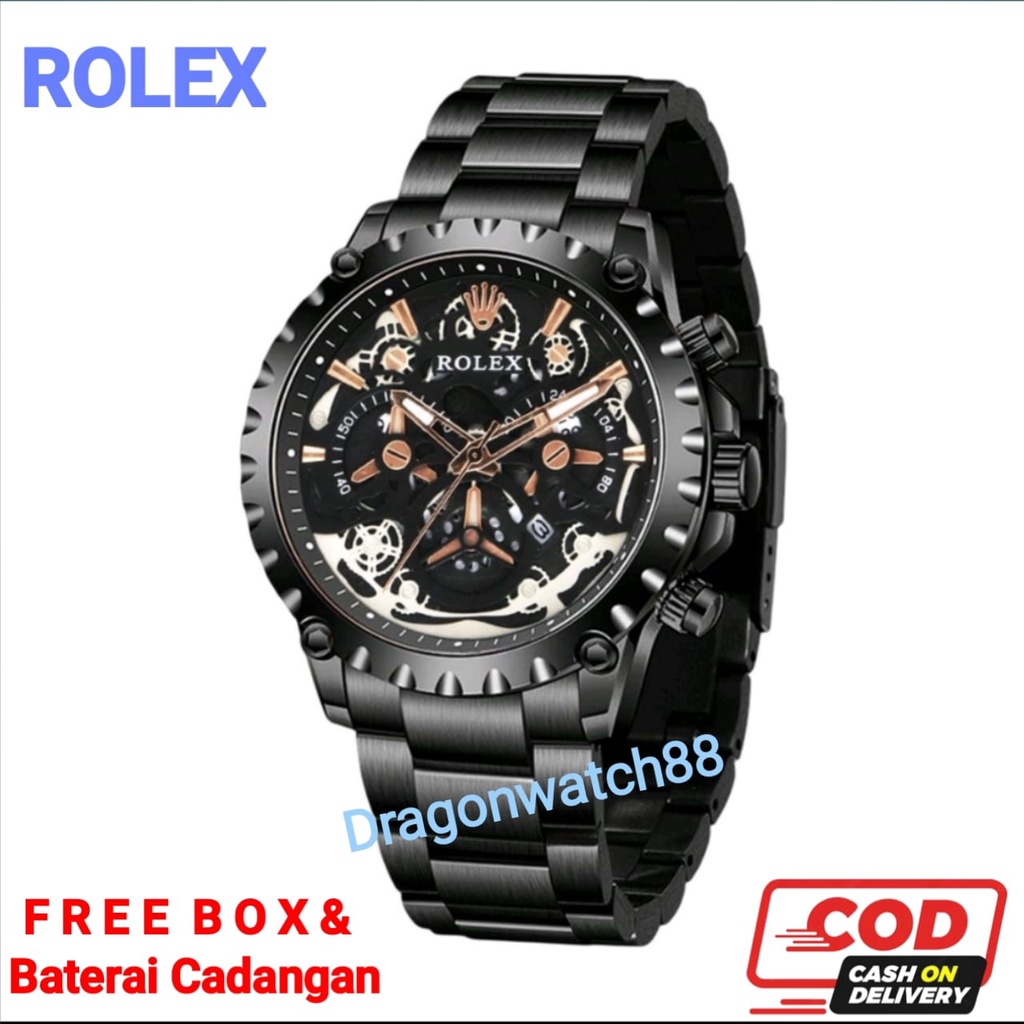 Jam Tangan Pria Rolex Skleton Rantai Stainless Tanggal Aktif Body Bulat Free Box Kancing l Jam Tangan Rolex Pria