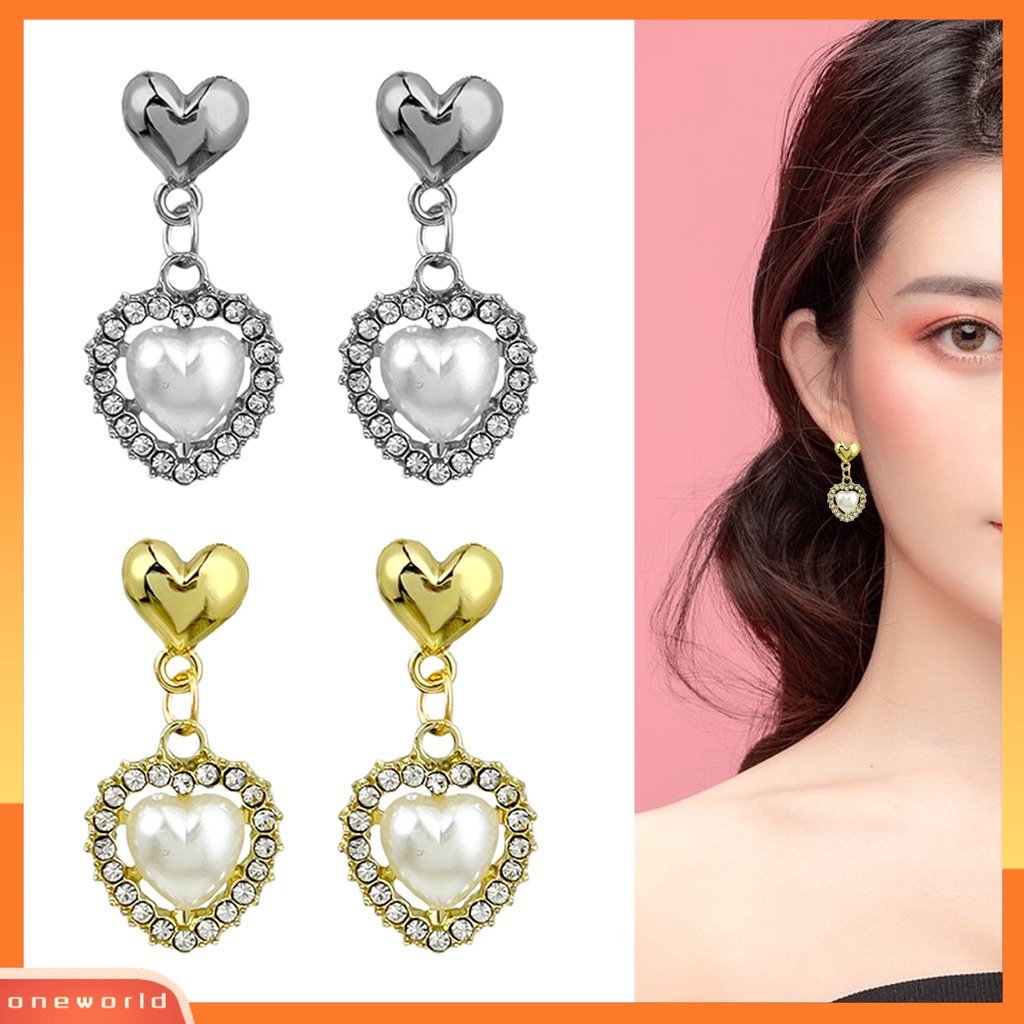 [ONWL] 1pasang Anting Pejantan Elegan Hadiah Fashion Perhiasan Berlian Imitasi Mengkilap Cinta Hati Mutiara Imitasi Menjuntai Anting Untuk Hari Valentine