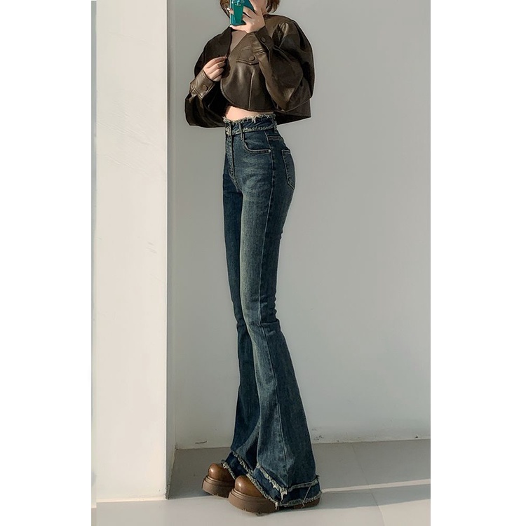 Red Tinggi Pinggang Retro Mentah Mikro Flare Jeans Wanita Musim Gugur dan Musim Dingin Baru Tinggi Tinggi Slim Slim diperpanjang Horseshoe Celana