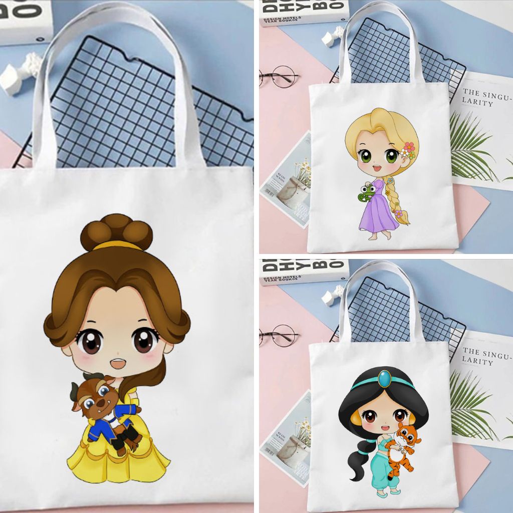 Tote Bag Tas Serut Princess Disney Lucu Goodie Bag Souvenir Ulang Tahun Tas String Bag Kanvas Wanita Aesthetic