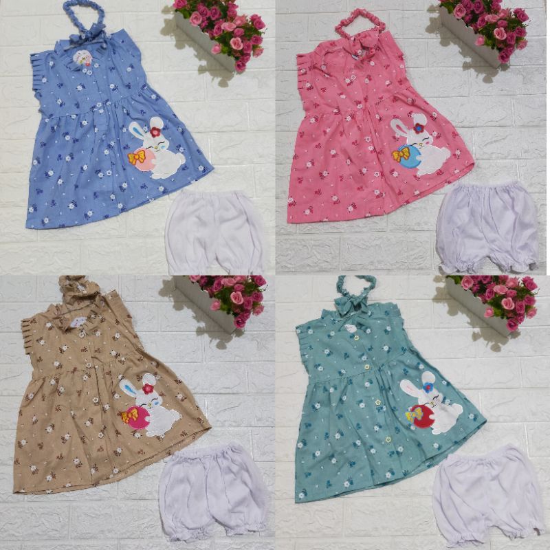 Dress Baby umur 1-12 bulan Bahan Katun Rok Bayi Branded Dilengkapi Bandana dan Celana Bayi