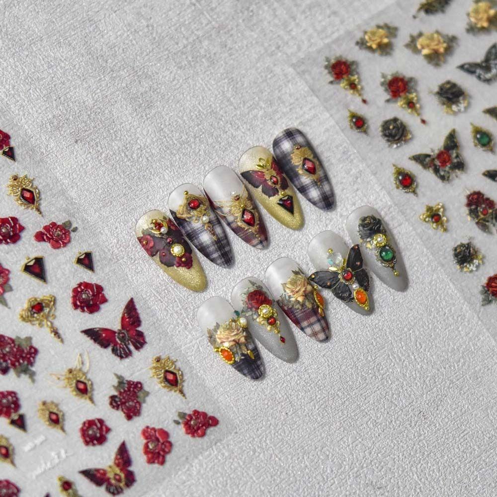 Mxbeauty Stiker Kuku Kupu-Kupu Gaya Retro Gelap 3D Relief Red Butterfly Nail Art Dekorasi