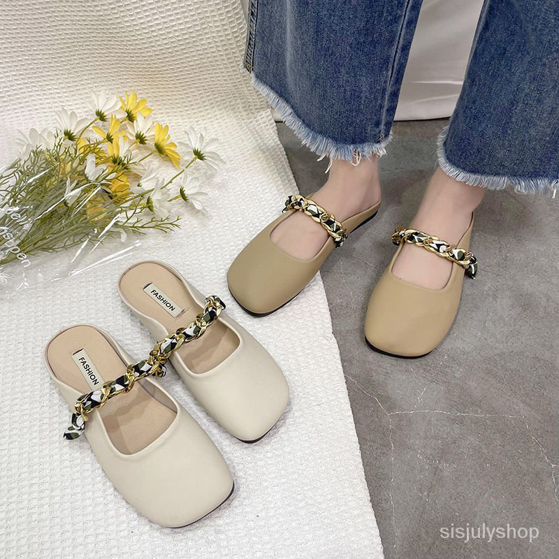 #Sisjuly# Sandal wanita baru datar bawah memakai sepatu luar mullet sepatu slip tahan setengah sanda