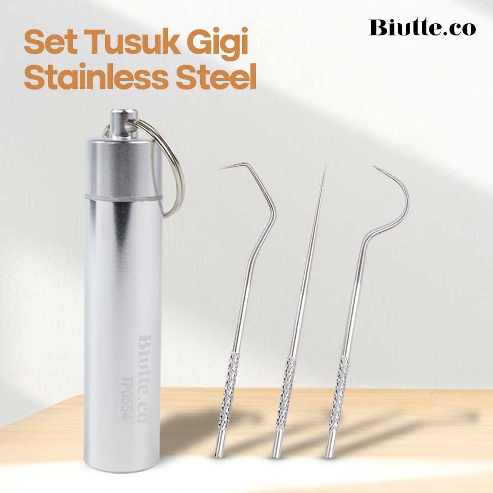 3 in 1 Tusuk Gigi Besi Stainless Steel dengan Wadah Portable Toothpick