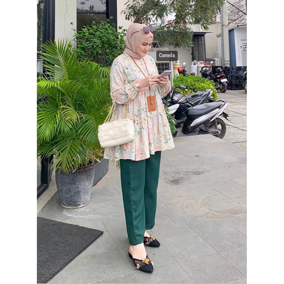 Ameena Set - One Set Wanita Rayon Premium Setelan Baju Ruffle Lengan Panjang Set Celana Kulot Panjang Kekinian LD 110 cm