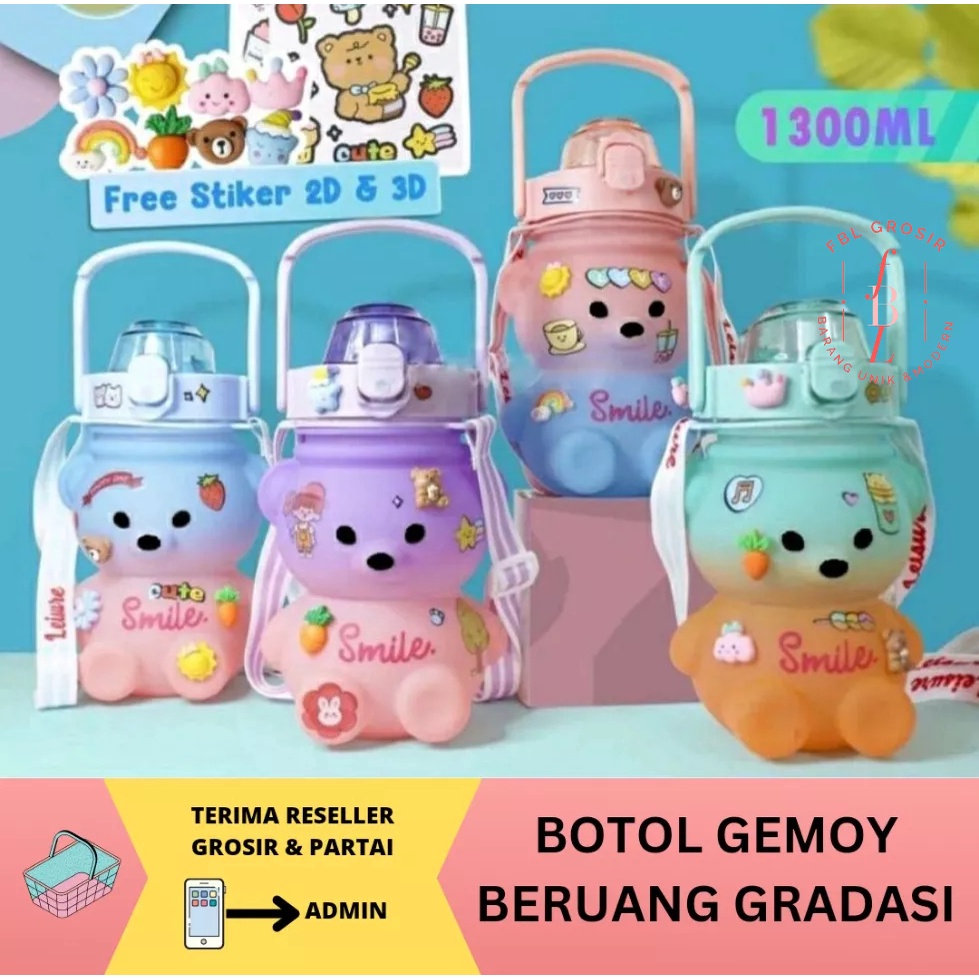 BOTOL MINUM ANAK BOTOL GEMOY 1.3LITER BOTOL GRADASI BOTOL BERUANG FREE STIKER DAN PACKING BUBBLE FBL