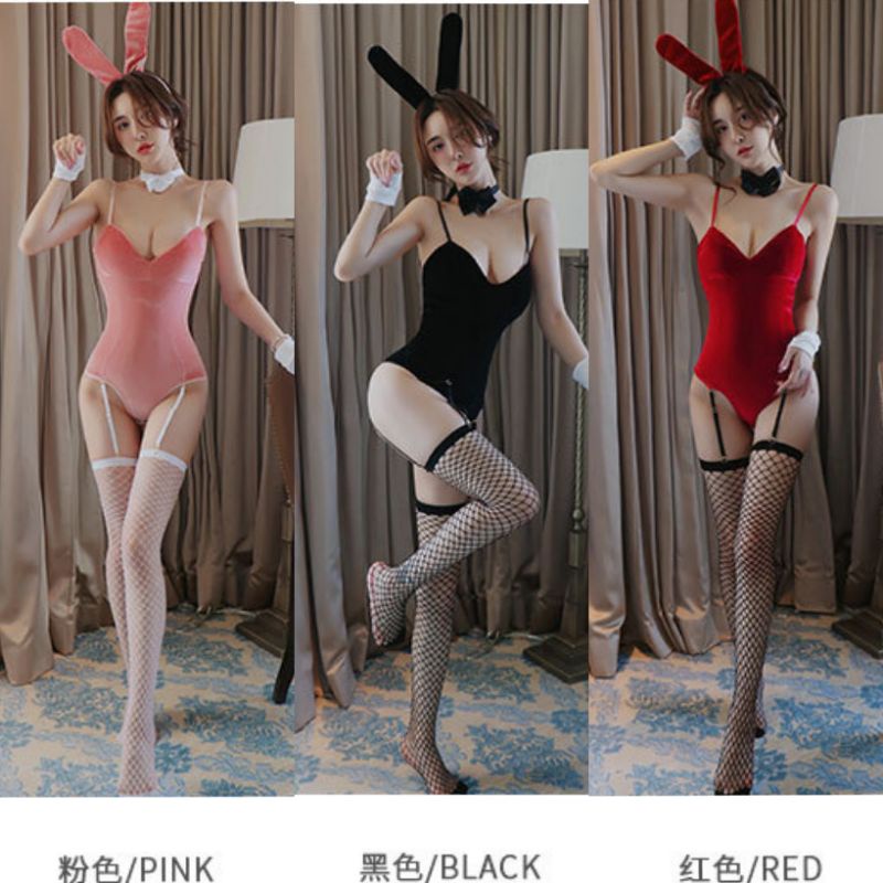 《Phiphii》Lingerie Kostum Set Cosplay Kelinci Sexy Bunny Girl Beludru Halus Stocking Costumes