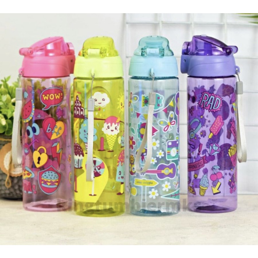 750ML - BOTOL MINUM SMIGGLE COLORFULL WARNA WITH STRAP &amp; SARINGAN