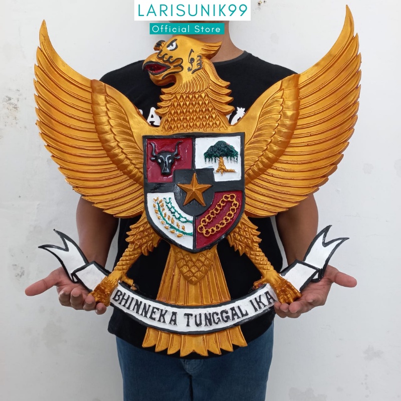 Hiasan Dinding Pajangan Garuda Pancasila Gold Fiber Ukir Hiasan Ruangan Perlengkapan Dekorasi Pajangan Dinding Rumah Kantor Sekolah Lambang Negara Indonesia Burung Garuda Gold Fiber Besar 3D 57x57cm Premium