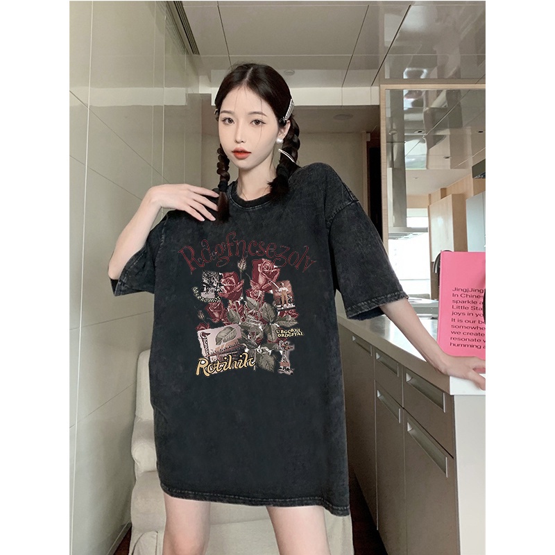 Kaos oversize hitam oversize lengan pendek letter washed baju wanita  graphic print T-shirt/oversize tshirt