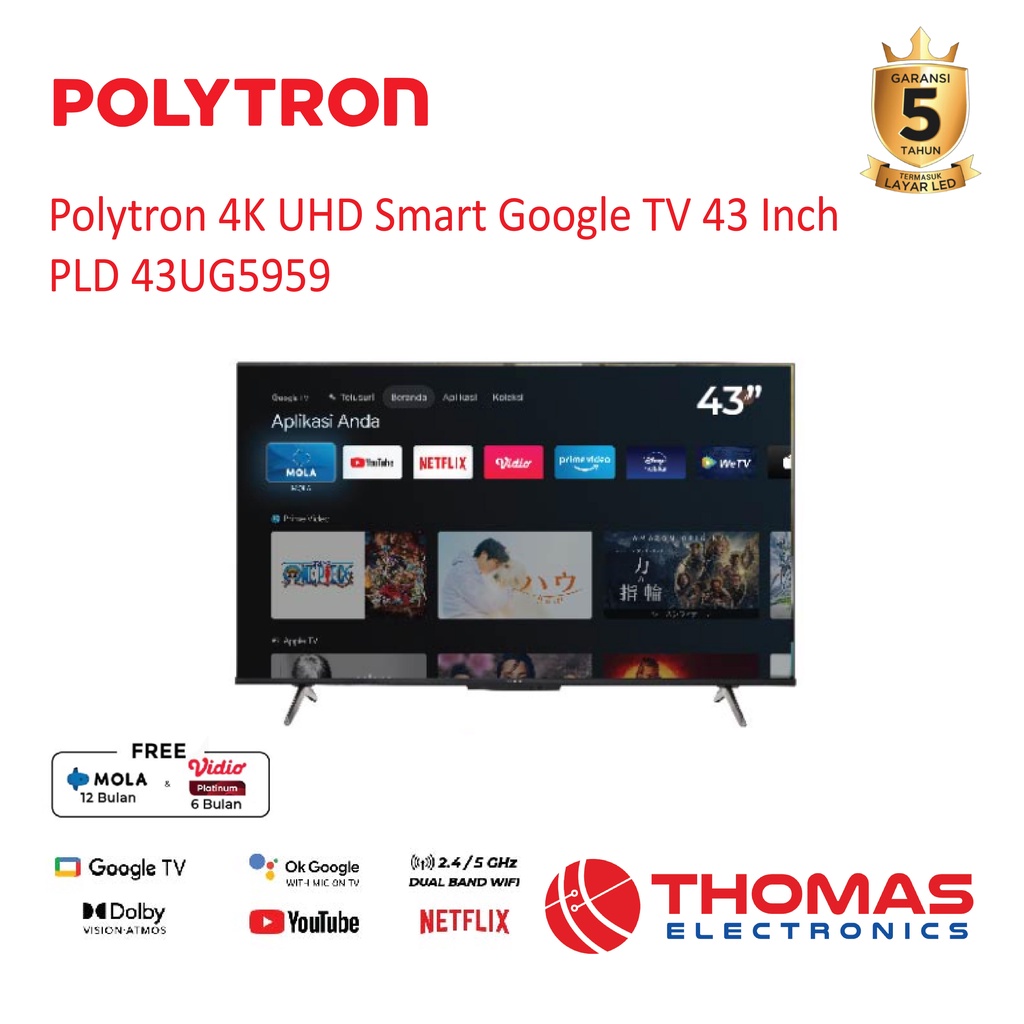 Polytron 4K UHD Smart Google TV 43 Inch PLD 43 UG 5959 PLD43UG5959 Garansi Resmi