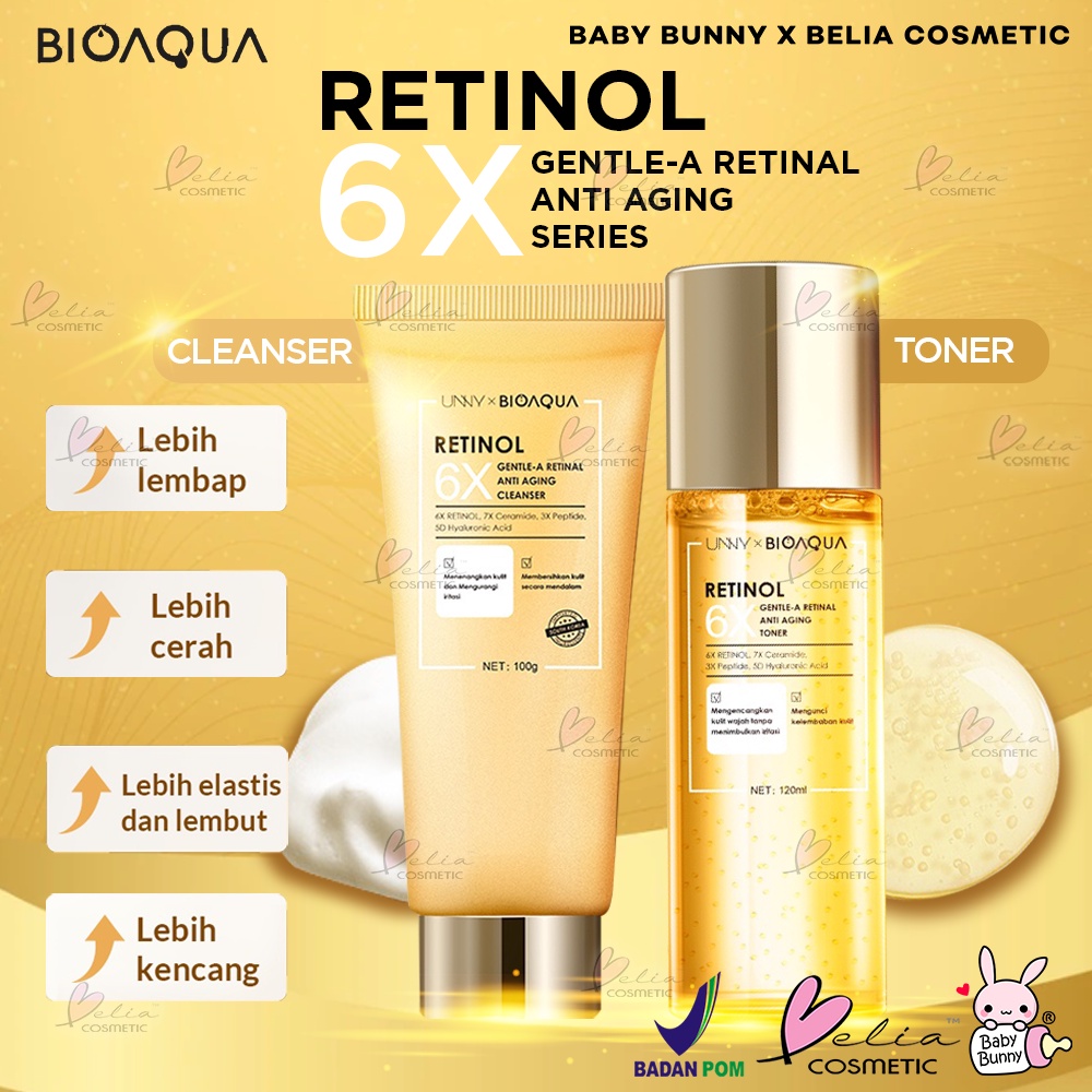 ❤ BELIA ❤ BIOAQUA 6X Gentle-A Retinol Anti Aging Skincare Retinol Cream Wajah | Retinol Serum Glowing | Facial Wash | Hydrating Toner | BPOM
