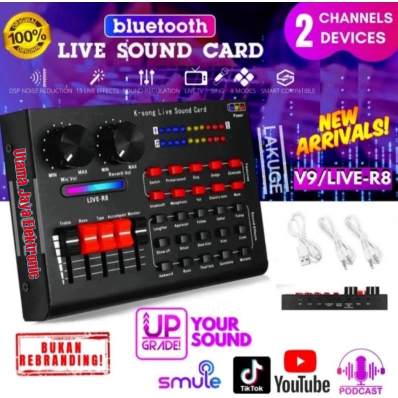 Soundcard R8 V9 Live Bluetooth USB Audio Mixer Broadcast 2 Channel