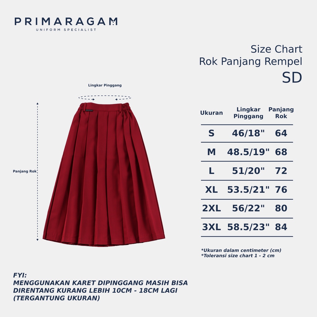Primaragam Rok Sekolah Sd Panjang Merah Rempel Lipit Atas Ban Pinggang Karet