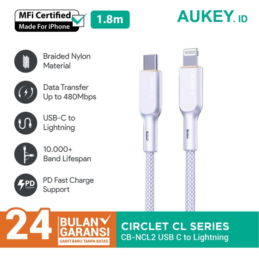 Aukey Cable Braided Nylon Type C to Lightning MFI - 1.8m - 501677 - CB-NCL2 - Garansi Resmi 2 Tahun