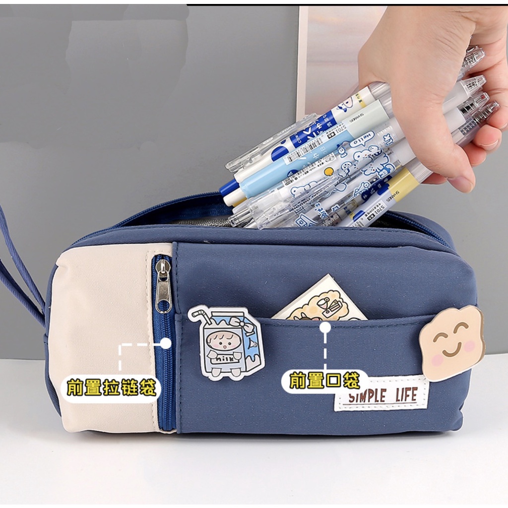 TXS04 Korean Pen Pencil Case Kain QiWi Label Water Resistant Kotak Tempat Pensil TKM