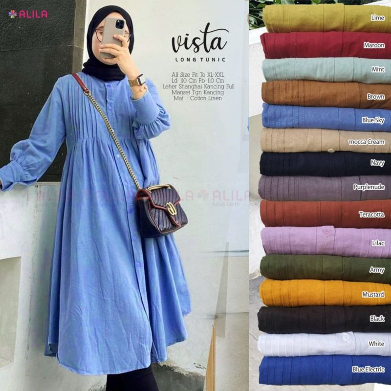 Long Tunik Vista Baju Atasan Wanita Bahan Cotton Linen