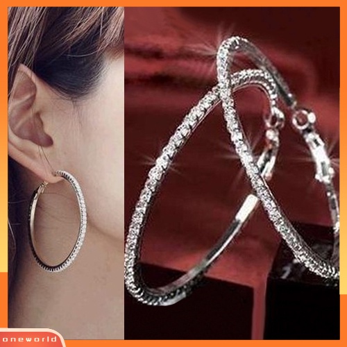 {oneworld} 1pasang Wanita Fashion Punk Mewah Mengkilap Berlian Imitasi Ear Hoop Menjuntai Anting-Anting