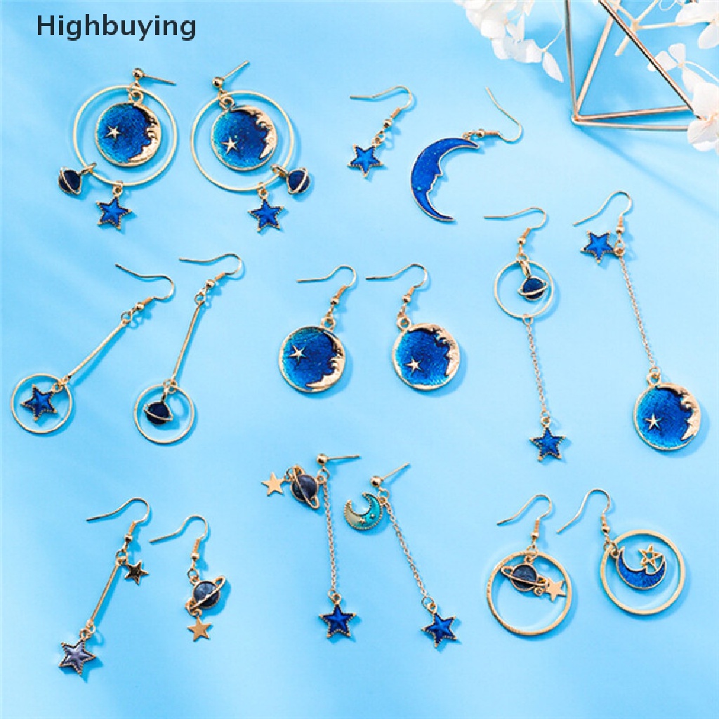 Hbid Biru Bintang Bulan Panjang Drop Menjuntai Anting Wanita Planet Ear Stud Earrings Perhiasan Glory