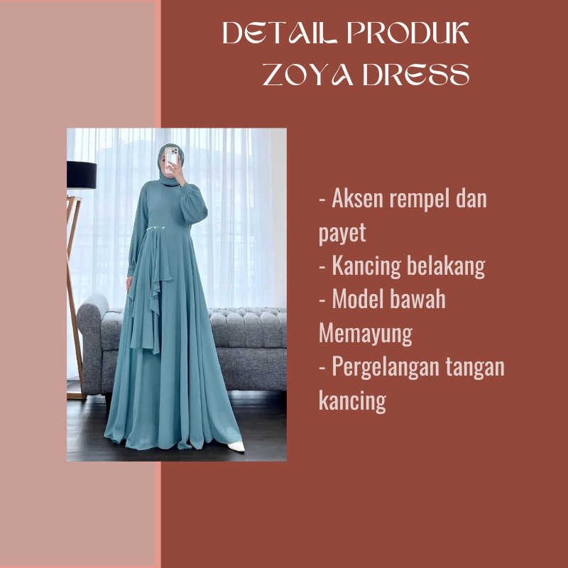 Baju Gamis Wanita Dewasa Zoya Dress Bahan Ceruty Babydoll Premium Mix Furing LD 110Cm Fit To XL Jumbo Aksen Rempel Dan Payet Kekinian