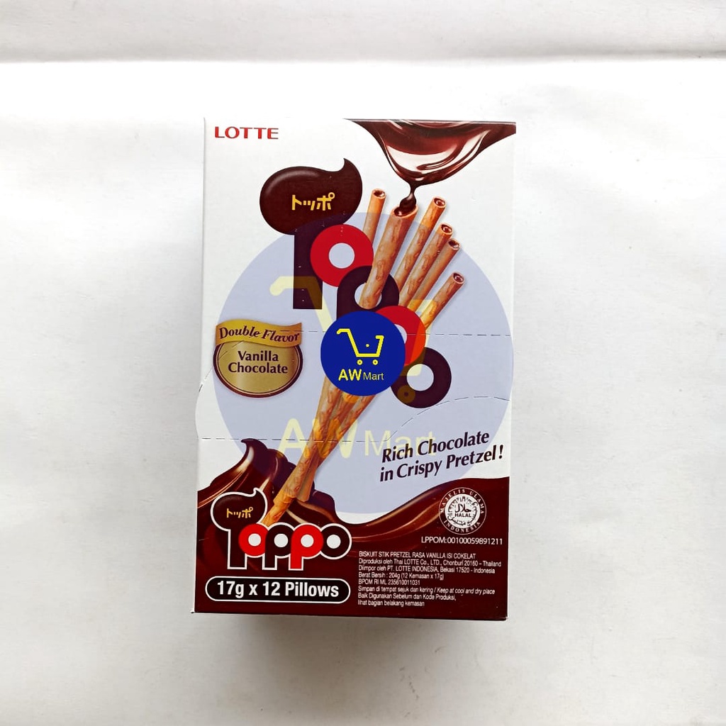 LOTTE TOPPO VANILLA CHOCOLATE BOX 204 GRAM ISI ( 12 BUNGKUS X 17 GRAM ) - BISKUIT STIK PTETZEL RASA VANILA ISI COKELAT