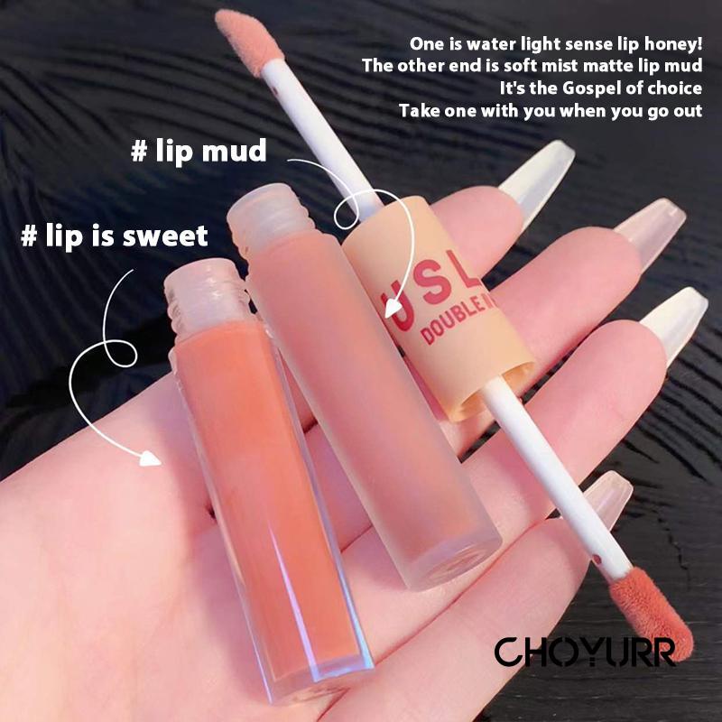 【COD】2 in1 Lipstik Dua Ujung Lip Glasir Cermin Matte Lip Mud Lipstick Lip Cream Lip Gloss Dua Sisi Matte Lipstick Glossy Lipstik-CH