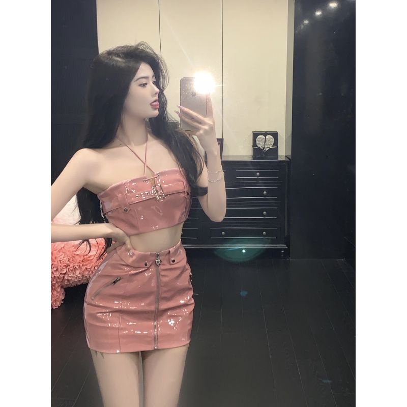 Red [Setelan Dua Potong] Pure Desire Hot Girl Pink Pendek Tube Top Rompi + Tinggi Pinggang Slim Skinny Hip Rok