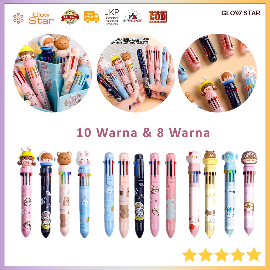 BMC2 Pulpen Pena Cute Collection Ballpoint Multi Warna 10 in 1 Multi Color Colour, Bolpen warna warni, Bolpen lucu imut Astronot Bear Bunny Girl Wanita Pink Space