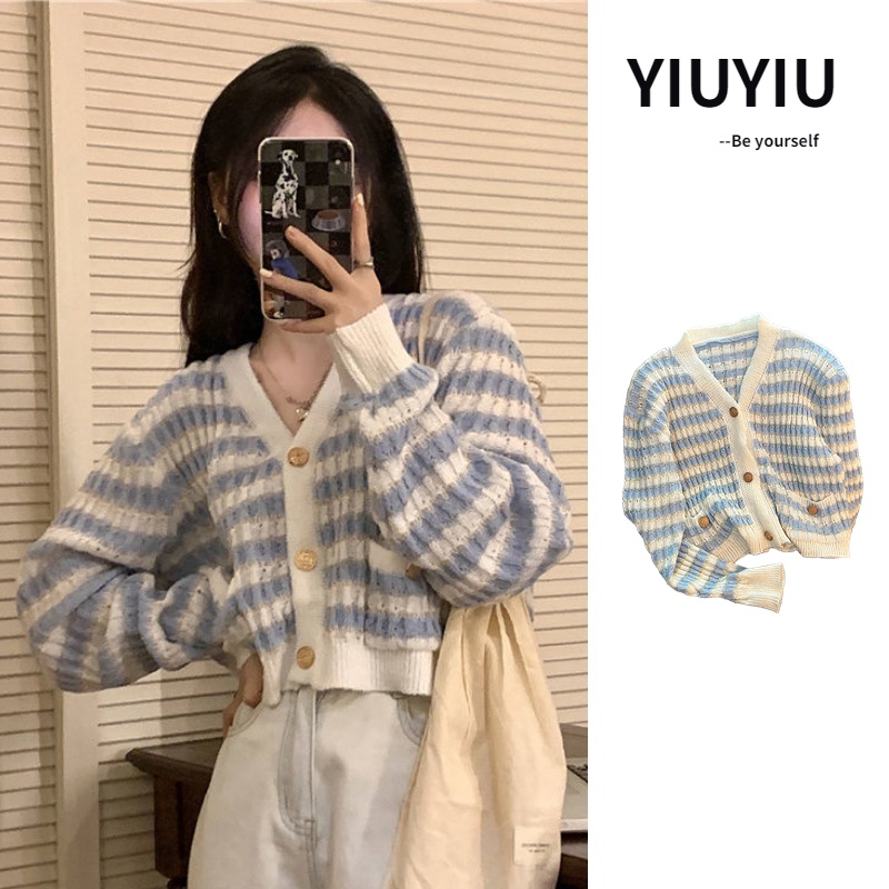 YIU YIU Rajut - Cardigan Rajut Crop Korea Stripe Sweater Kardigan Rajut Premium Lengan Panjang