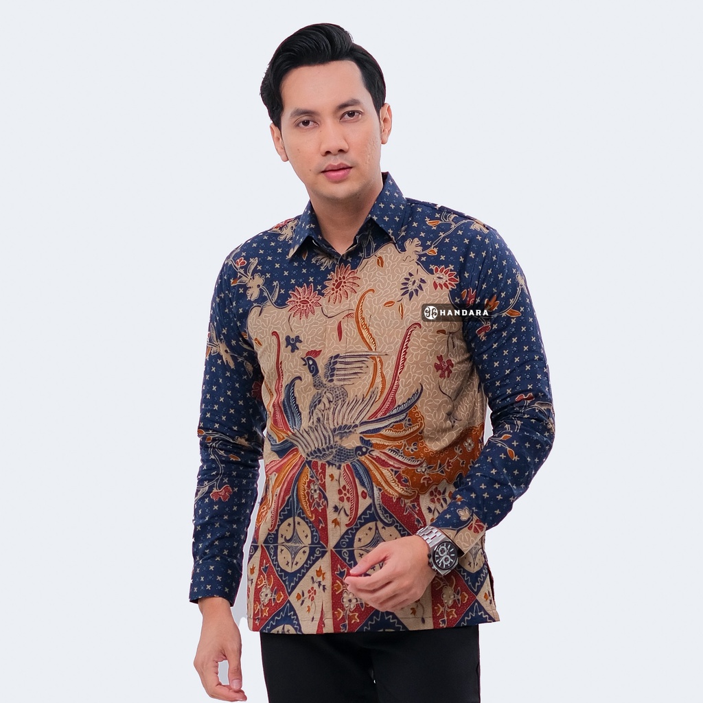 Handara Batik Pria Lengan Panjang Slim Fit Premium Kawung Wajik Navy HB-319