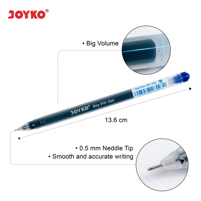 Gel Pen Pulpen Pena Joyko GP-330 Big Fill Gel Needle Tip 0.5 mm Hitam / Biru / Merah