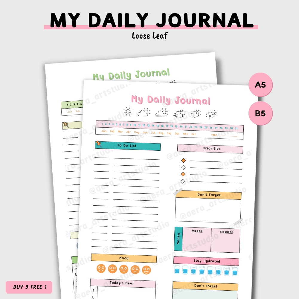 

(10 pcs) LA100 My Daily Journal : Loose Leaf - by Aera Art Studio | Refill Binder A5 B5 - Daily Planner - Catatan Keseharian - Journal - To Do List - Journal Kit - Planner Binder Set - Refill Isi Binder Murah