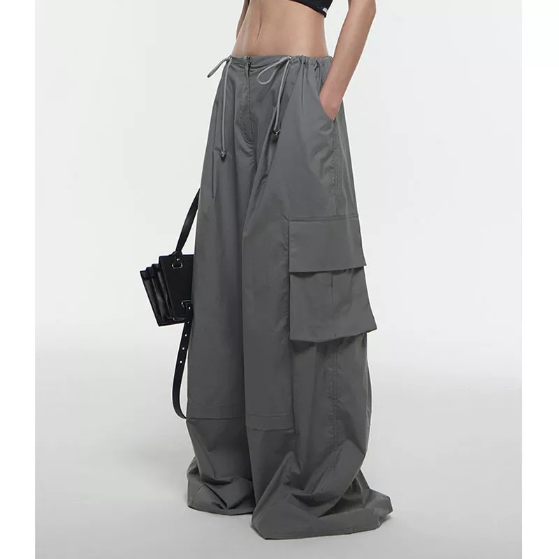 Celana kasual large pocket workwear straigh wide leg pants trousers women