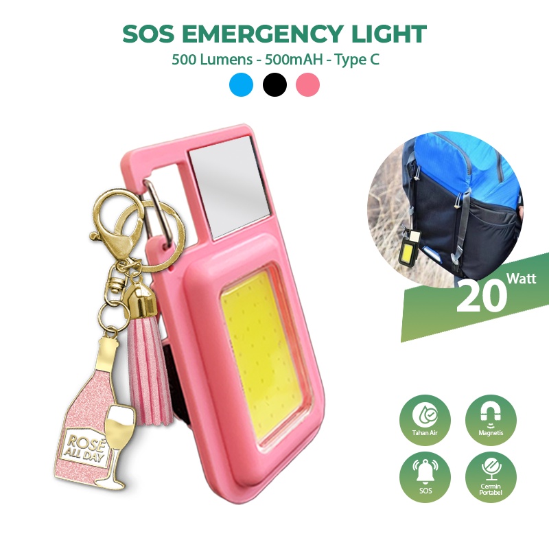 500LM+500MA SOS Emergency Light/Lampu Olahraga Luar Ruangan/Lampu Gantungan Kunci Isi Ulang/Senter Portabel