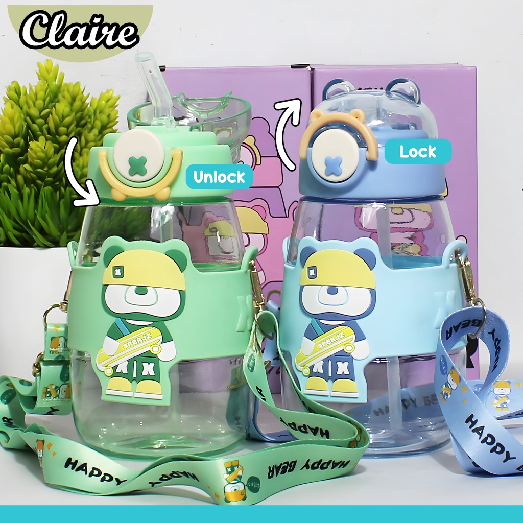 Botol Minum Anak Happy Bear 600ML/ Botol Air Minum Anak Free Sticker 2D &amp; 3D